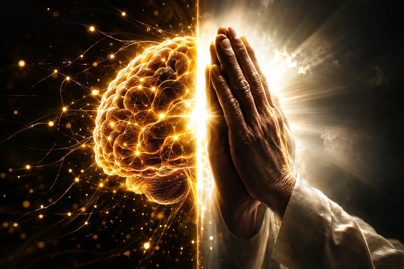 Um cérebro iluminado e mãos em oração, representando o encontro entre ciência e fé